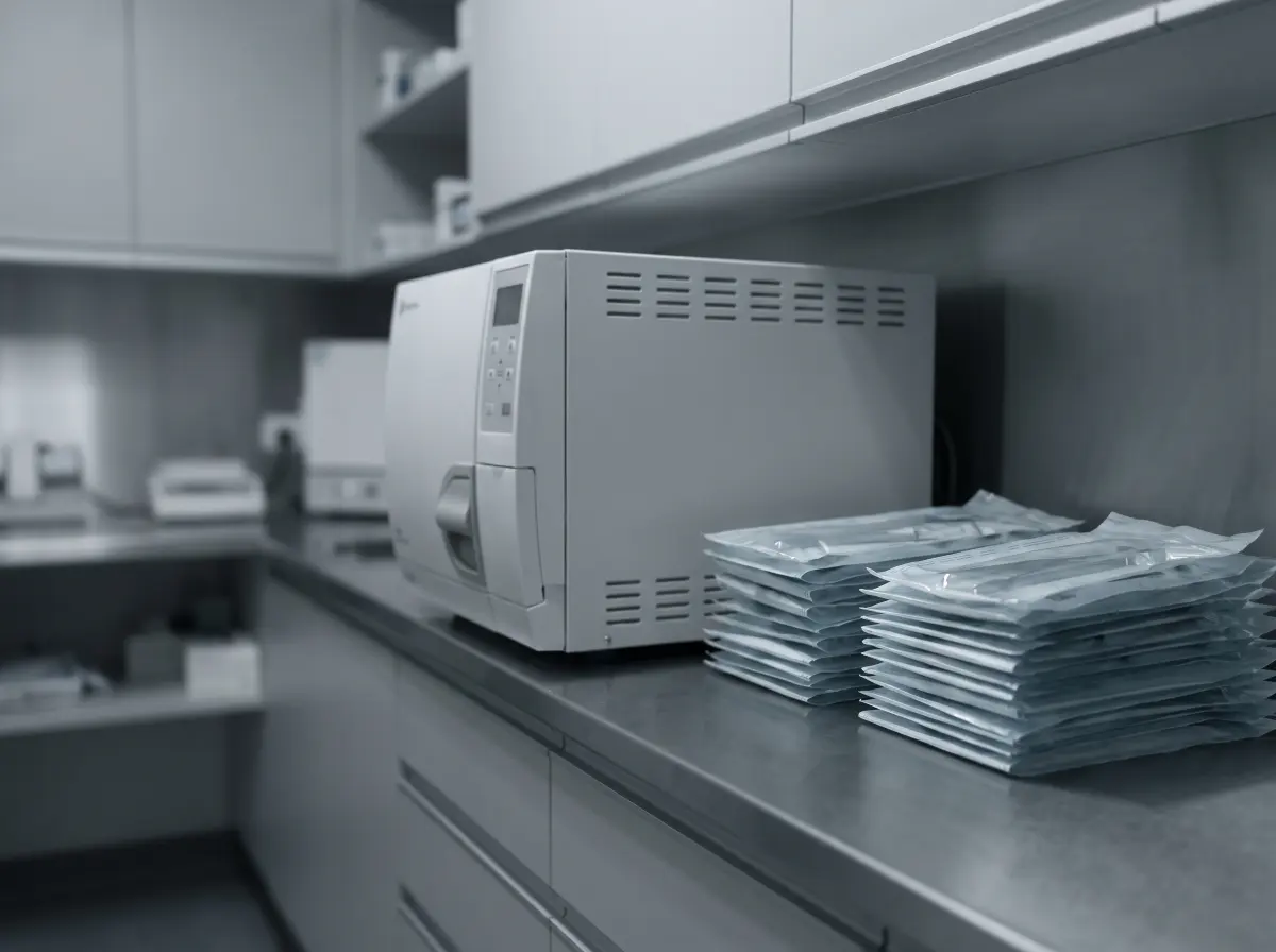 A sterilisation bay with a stainless bench, an autoclave and sealed instrument pouches stacked in rows.