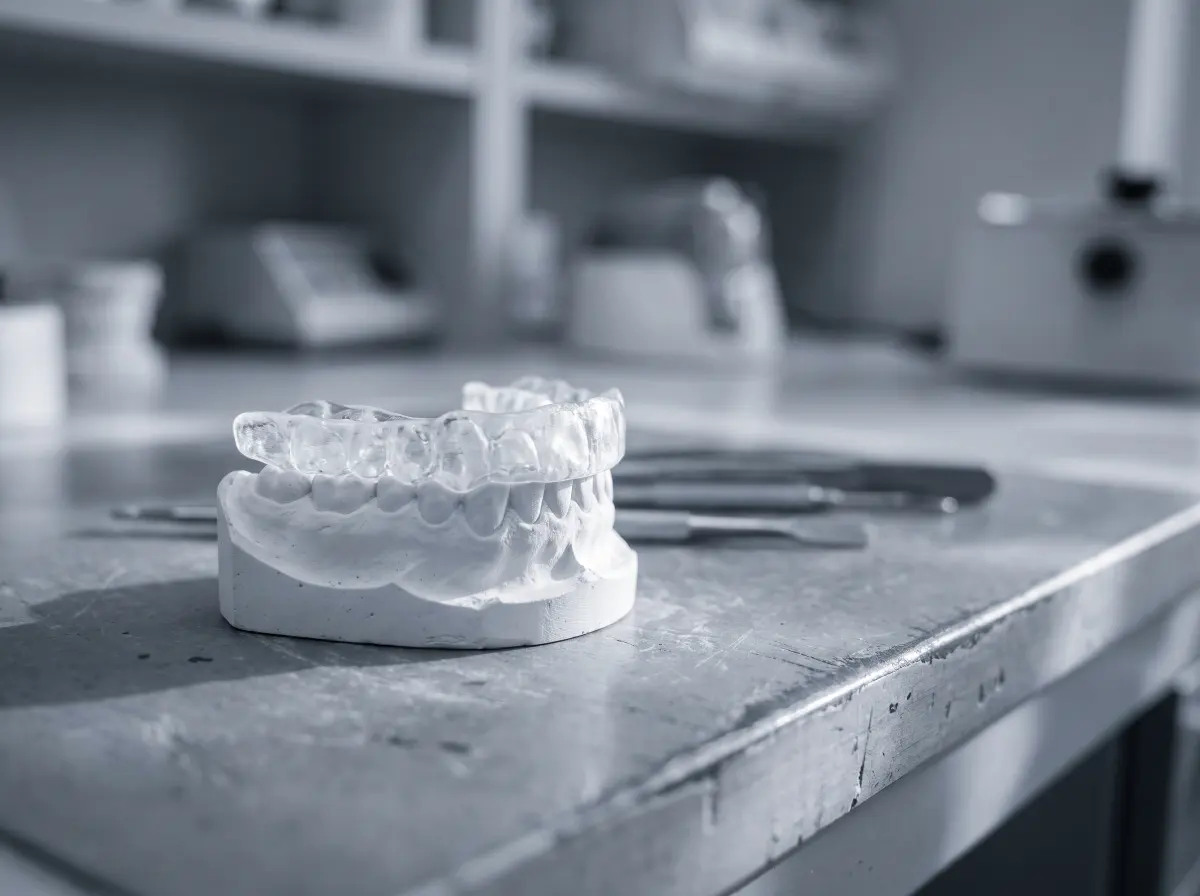 A clear custom-fitted mouthguard seated on a white plaster dental model.