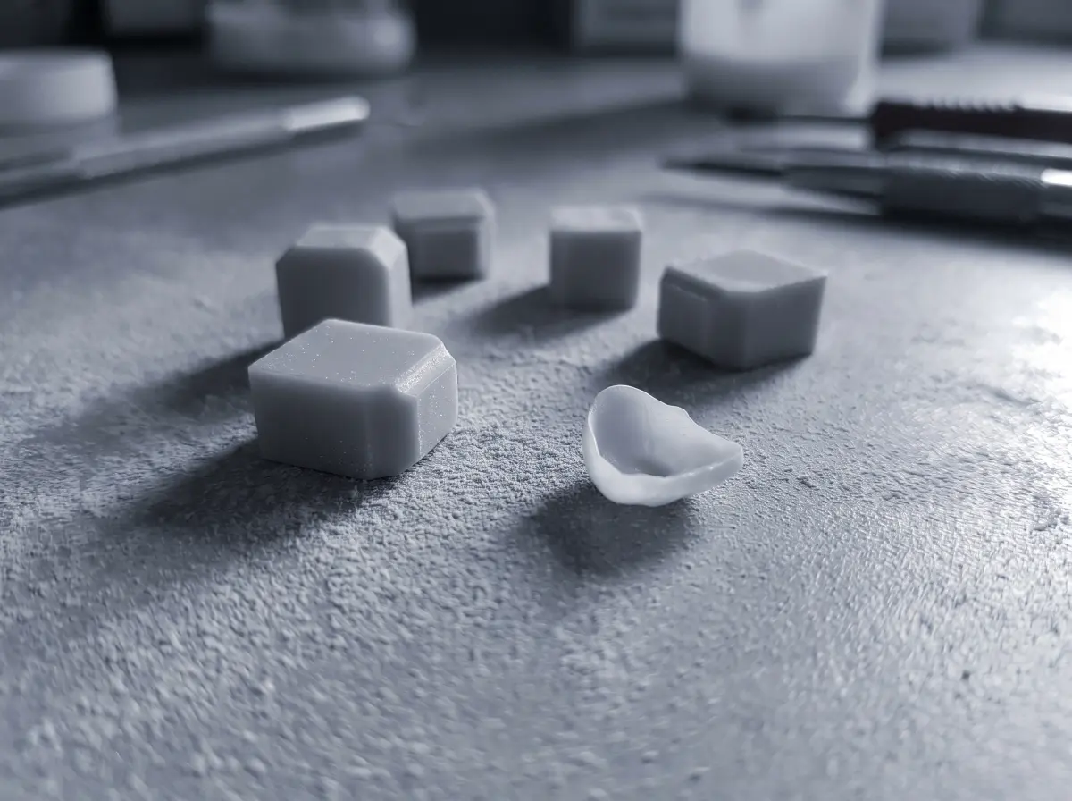 Milled ceramic-composite blanks and one finished veneer shell on a dental laboratory bench.