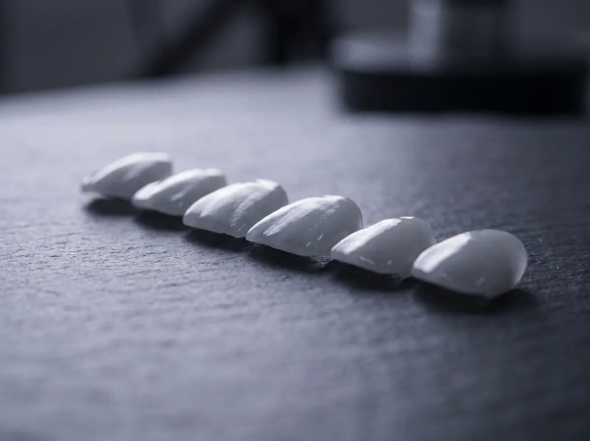 A row of ultra-thin porcelain veneer shells on a matte dark surface.