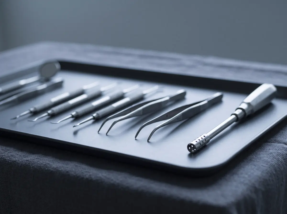 An oral surgery kit — elevators, forceps and a suction tip — arranged in order on a sterile tray.