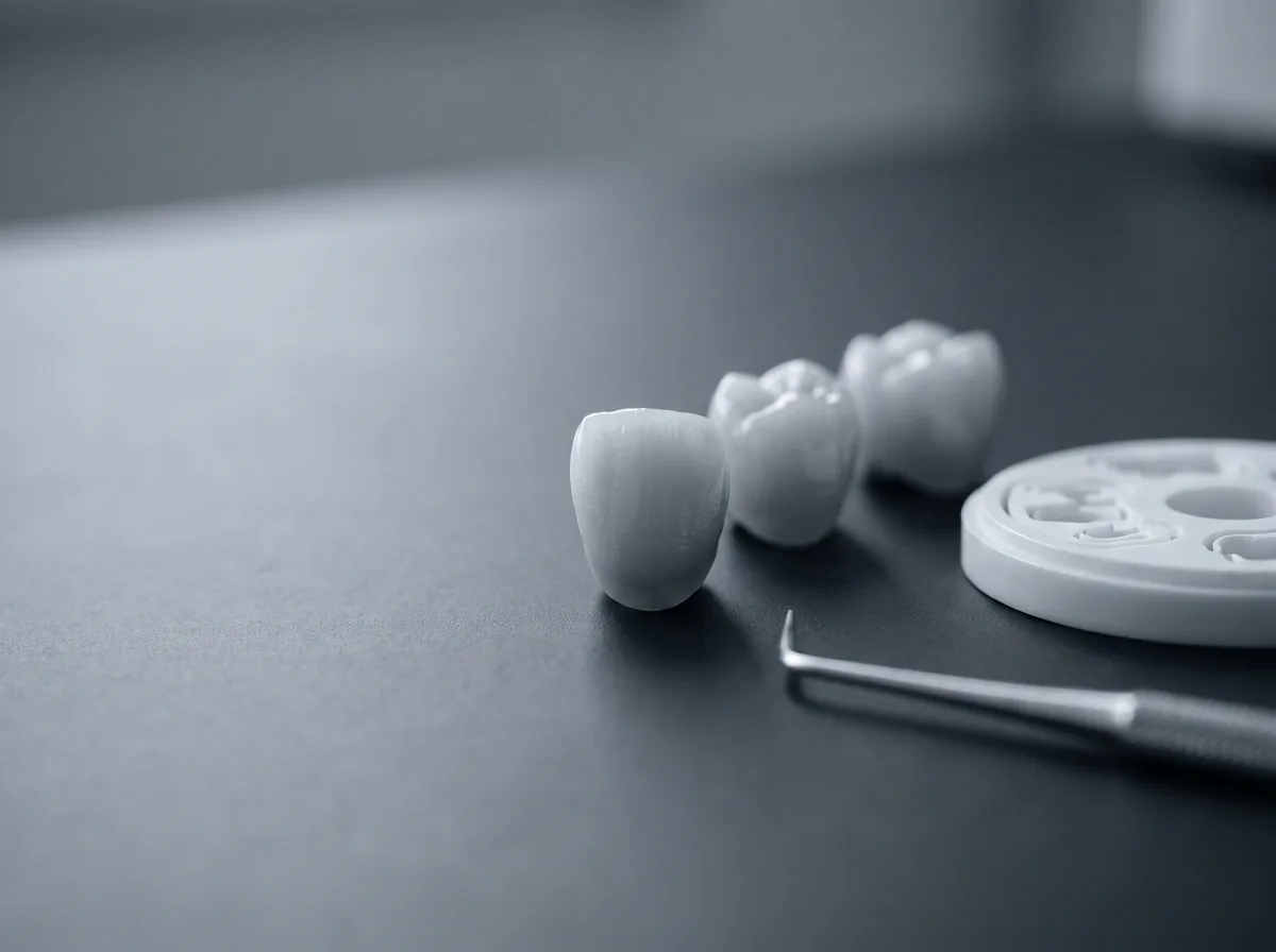 Three finished all-ceramic crowns standing on a dark laboratory bench beside a milled zirconia disc and a fine probe.