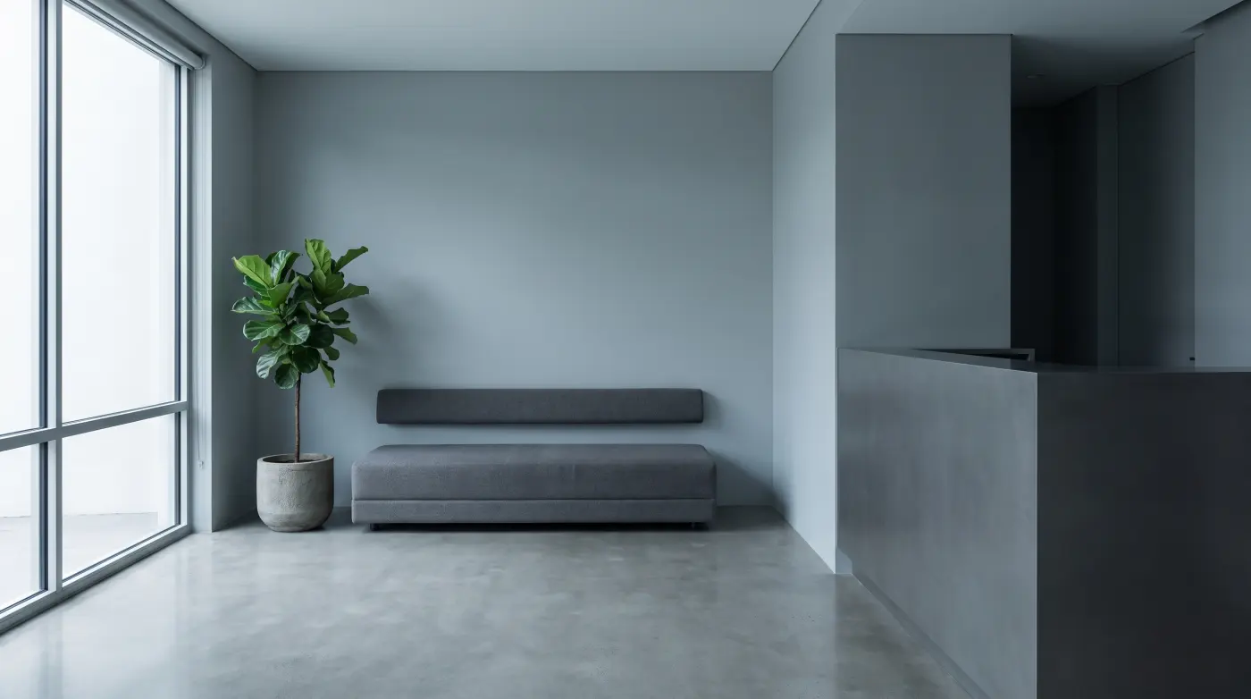 A calm, empty dental clinic reception and waiting area with soft daylight from a tall window.