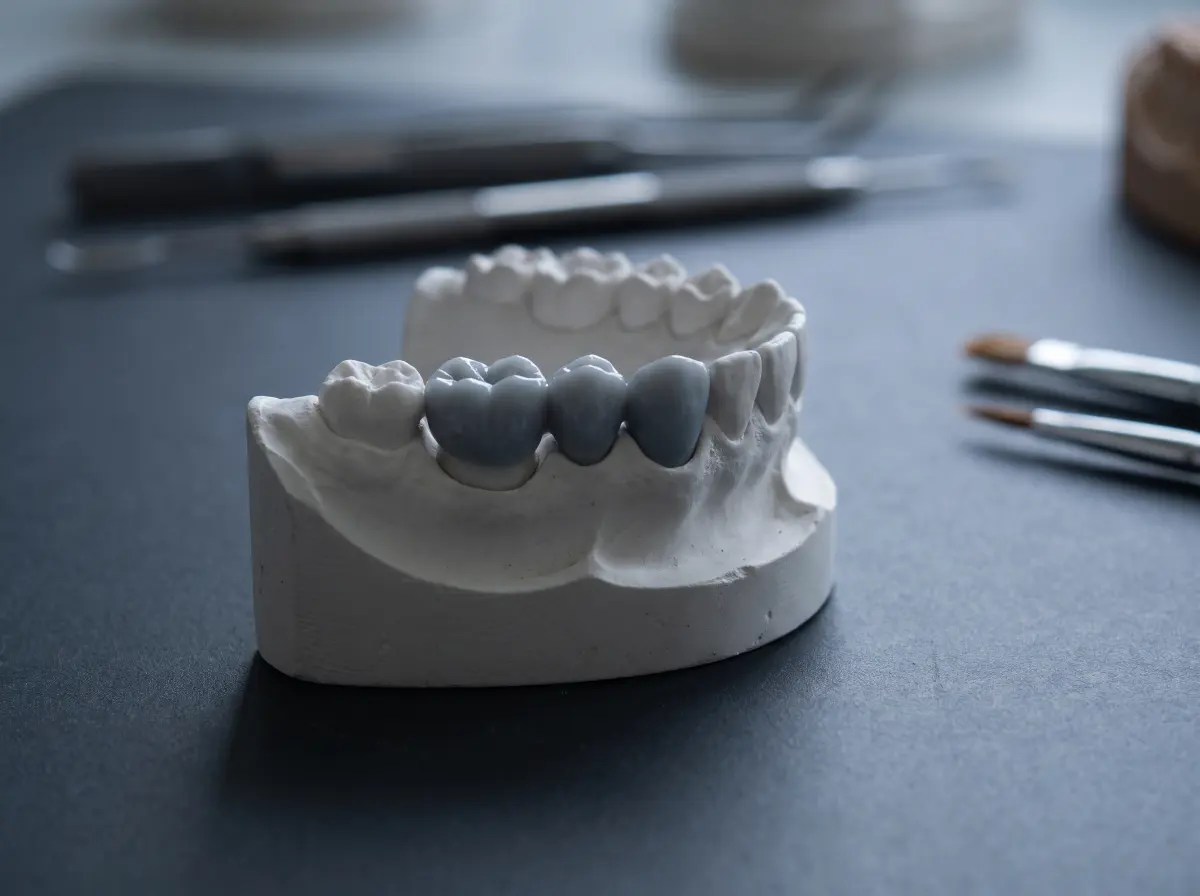 A three-unit ceramic bridge seated on a white plaster study model on a laboratory bench.
