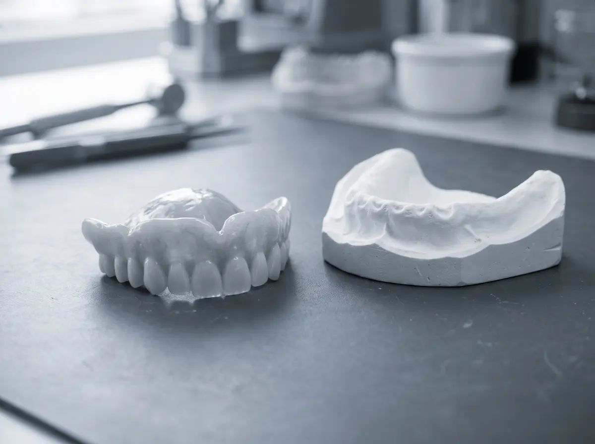 A complete acrylic denture with ceramic teeth resting on a laboratory bench beside a plaster model.