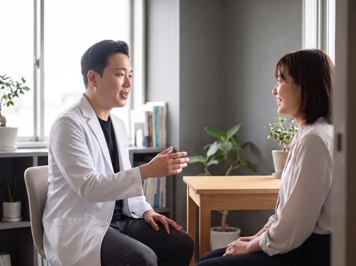 A dentist and a patient talking across a small consultation desk in a calm, daylit room.