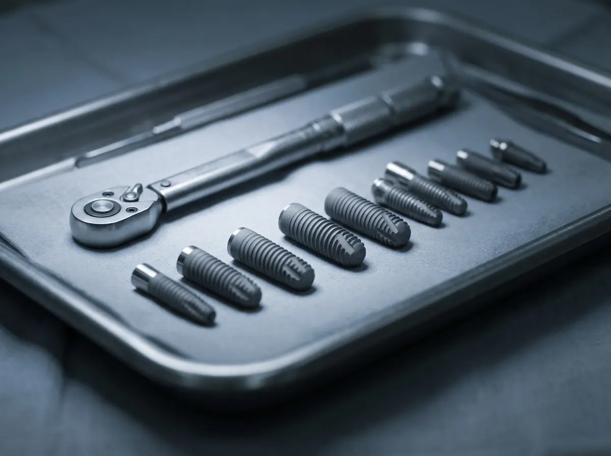 Titanium implant fixtures and a torque wrench on a sterile surgical tray.
