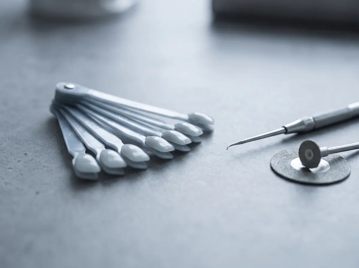 Composite resin shade tabs fanned out beside a fine sculpting instrument and a polishing disc.