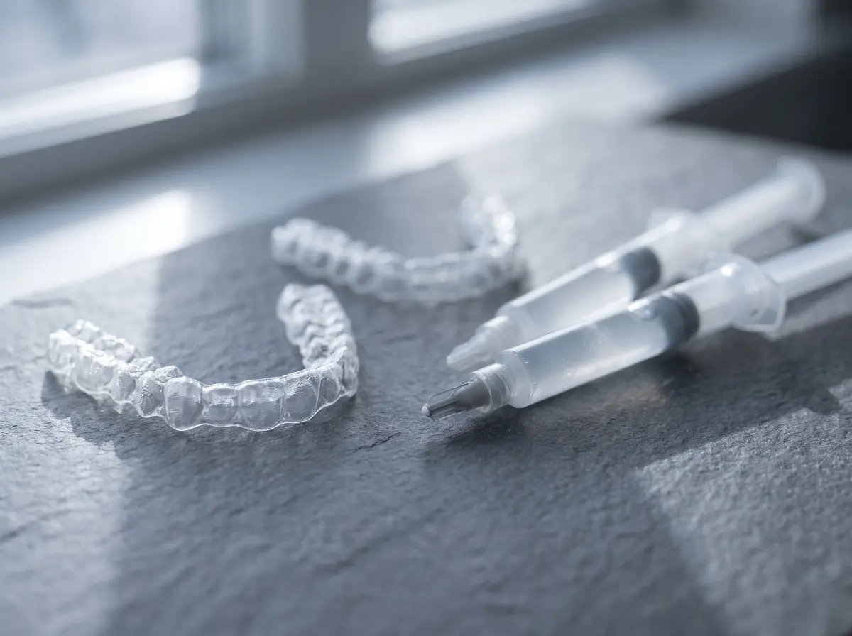 Custom whitening trays and professional whitening gel syringes on a clean surface.