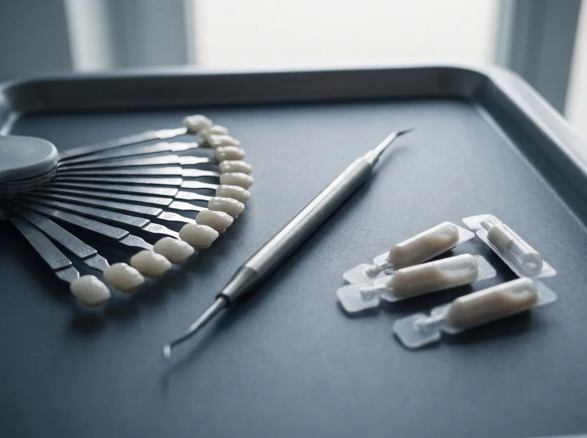 A composite shade guide and sculpting instrument laid out on a sterile tray.