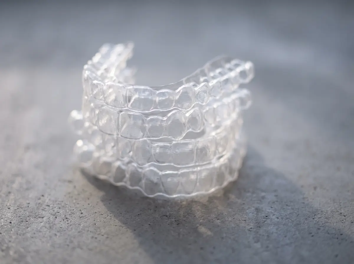 A stack of translucent clear orthodontic aligner trays.