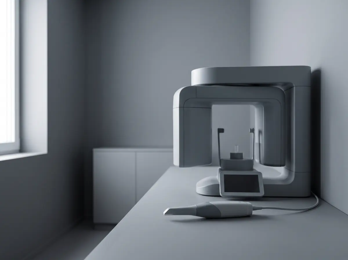 A dental 3D CBCT scanner and an intraoral scanner wand in a quiet clinical room.