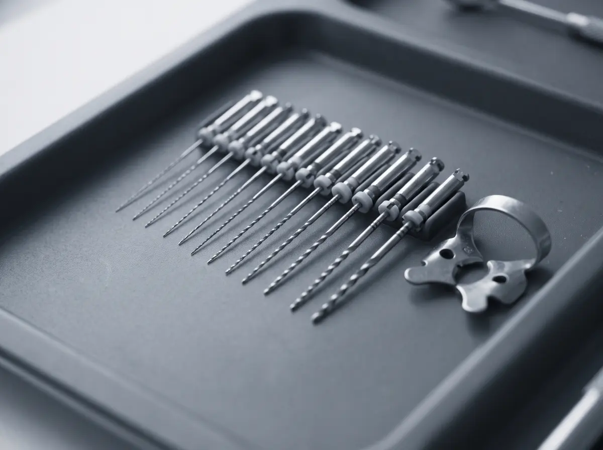 A row of stainless endodontic files in graduated sizes arranged in order on a sterile tray.