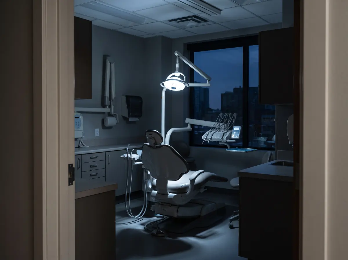 An empty dental treatment room prepared and lit in the evening, chair and overhead light ready.