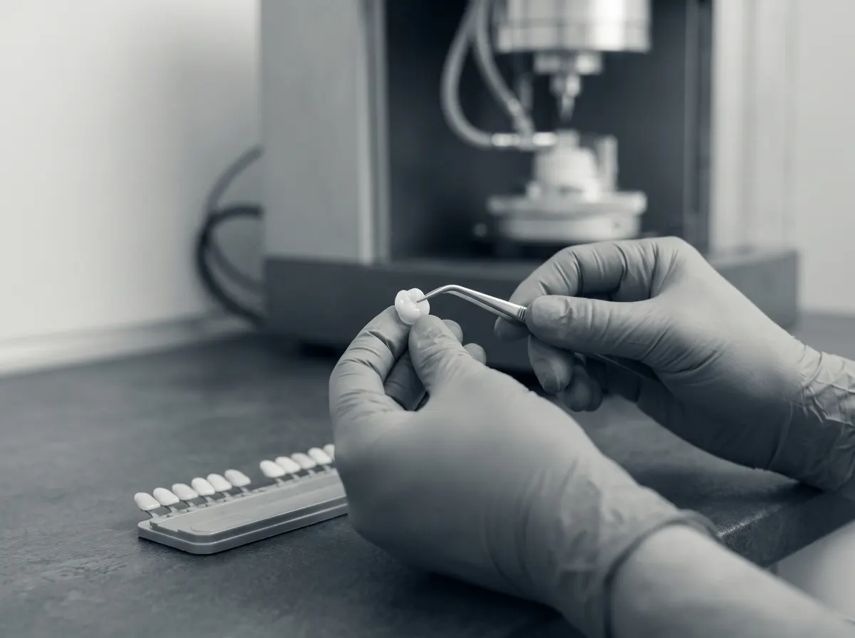 A finished zirconia crown held beside a row of ceramic shade tabs on a dental laboratory bench, with a milling machine behind.