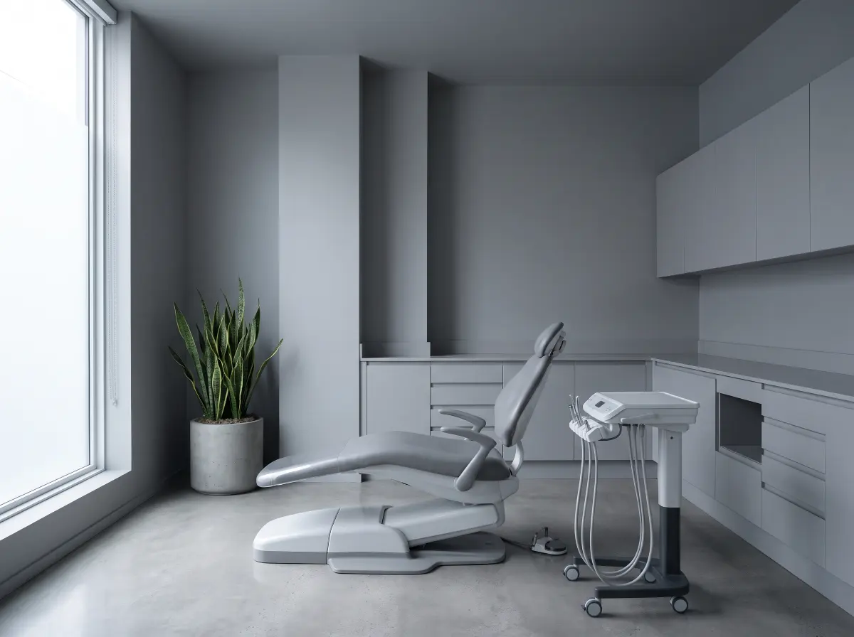 A calm, empty dental treatment room with clean lines and soft daylight from one side.