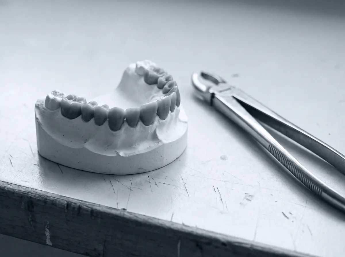 A diagnostic wax-up on a white plaster dental model beside a pair of calipers on a laboratory bench.
