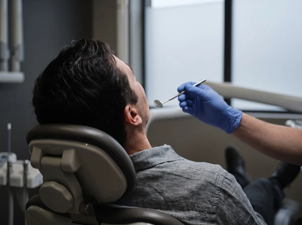 A patient reclined comfortably in a dental chair during a routine check-up, a gloved hand holding a mouth mirror.