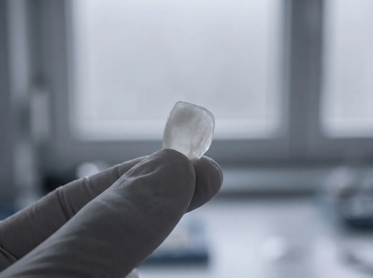 A single ultra-thin porcelain veneer shell held against soft backlight so its translucency shows.