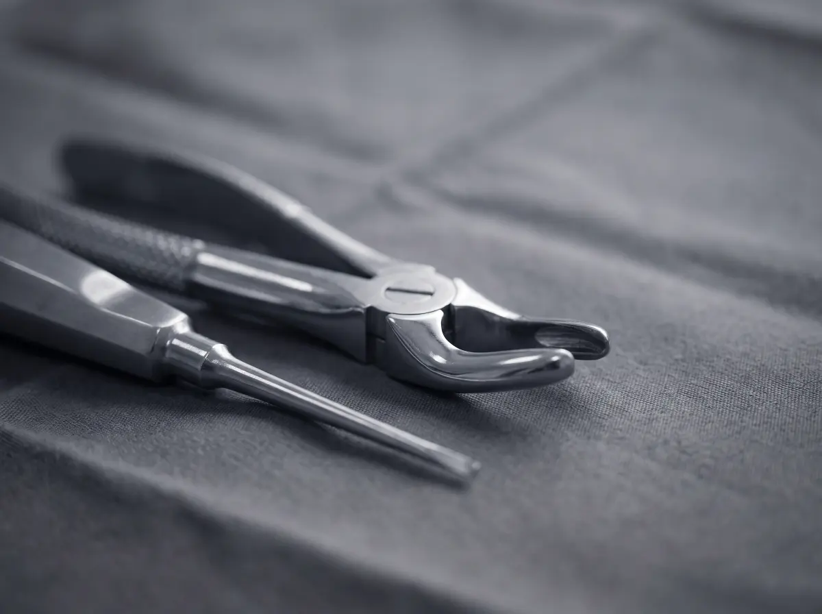 Polished extraction forceps and a straight elevator laid out on a sterile field.